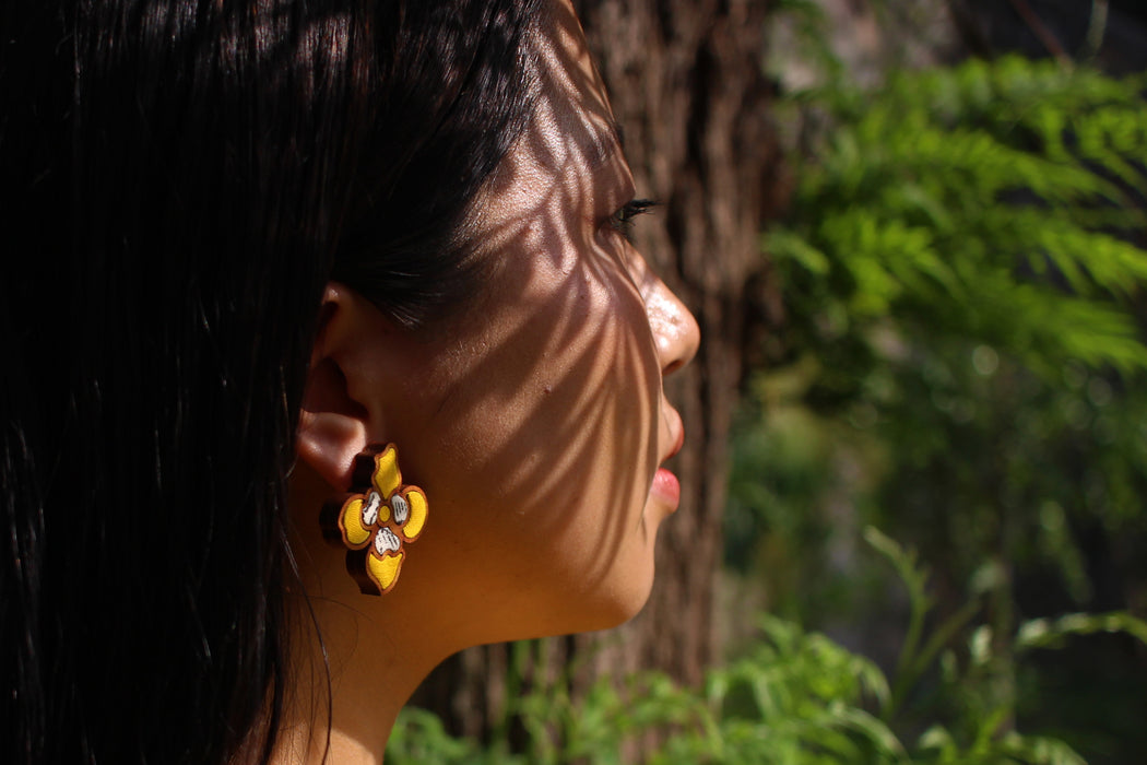 Yellow Bloom Fabric And Wood Flower Stud