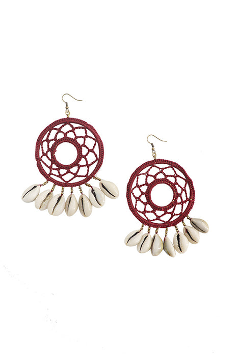 Handcrotcheted Round Maroon Shell Earring