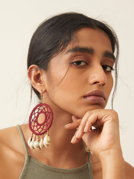 Handcrotcheted Round Maroon Shell Earring