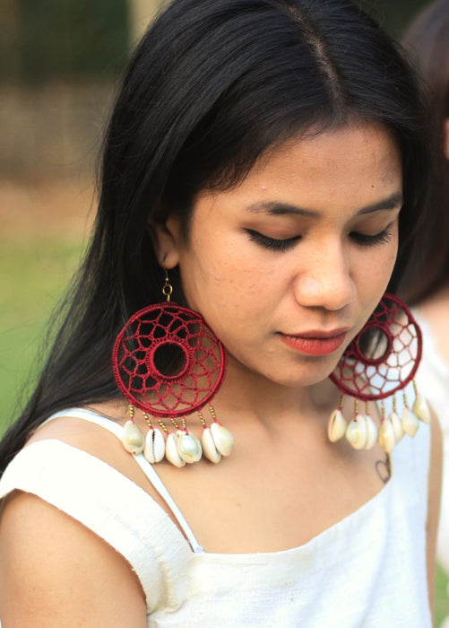 Handcrotcheted Round Maroon Shell Earring