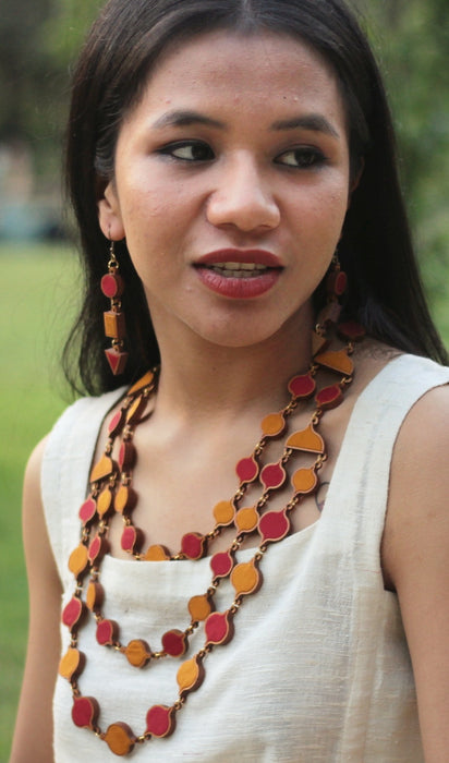 Red And Yellow Fabric And Wood Geometrical Earring