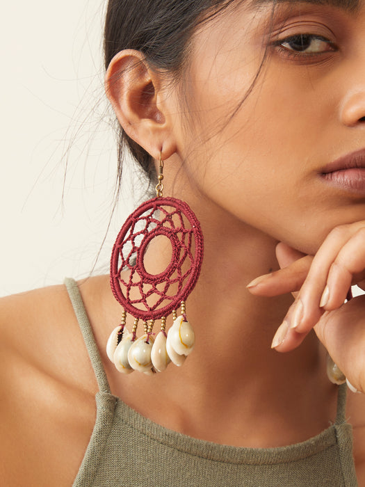 Handcrotcheted Round Maroon Shell Earring