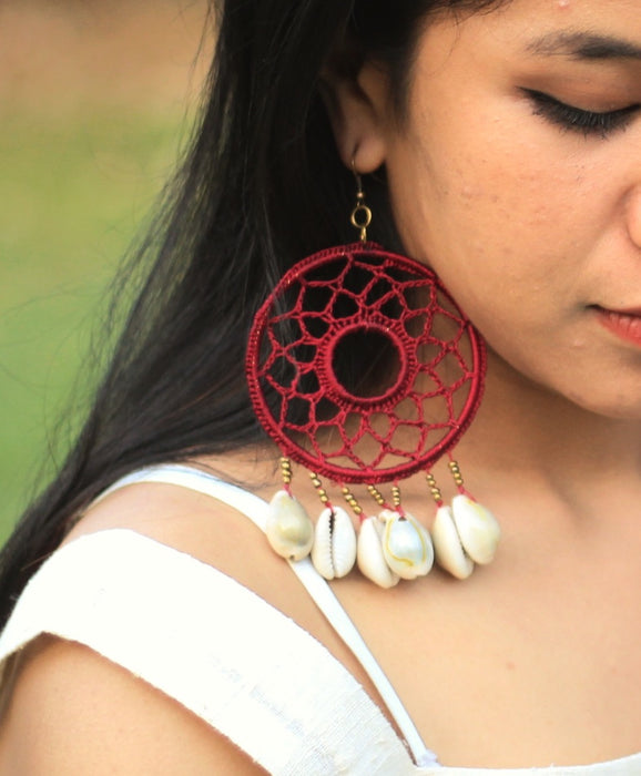 Handcrotcheted Round Maroon Shell Earring