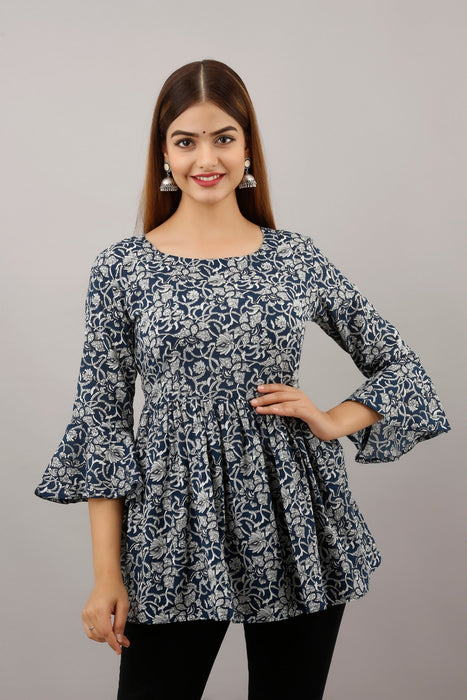 Women's Pure Cotton Printed Hip Length Formal Tops KRT001BLUE