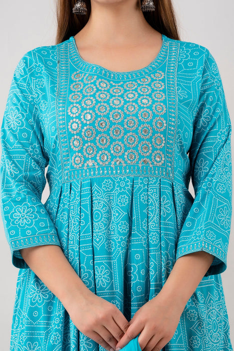 Traditional Zari Embroidery Work A-Line Kurta With Trouser & Dupatta - KR3004TURQUOISE