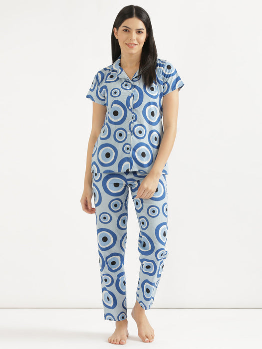 Button Down Blue Evil Eye Co-ord Set-CK-BLUEEVILEYE-BD