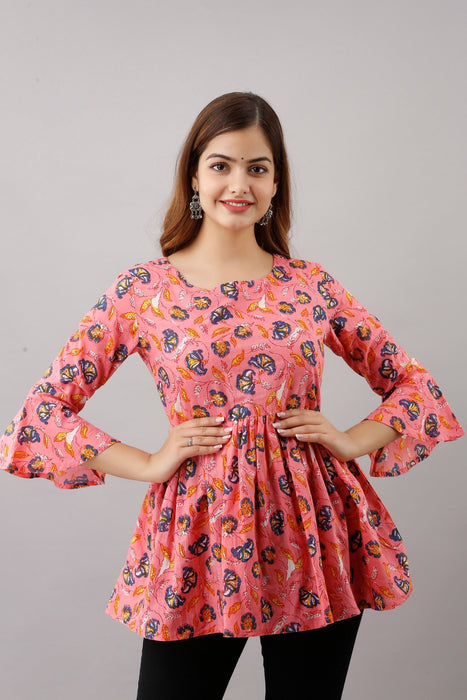 Women's Pure Cotton Printed Hip Length Formal Tops KRT004PINK