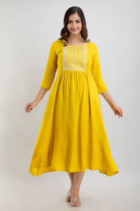 Women's Solid Dyed Rayon Designer Embroidered A-Line Kurta - KR0105MUSTARD