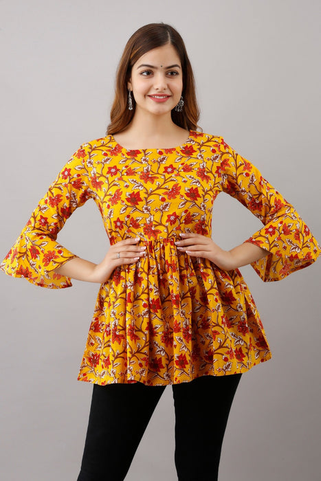 Women's Pure Cotton Printed Hip Length Formal Tops KRT007YELLOW