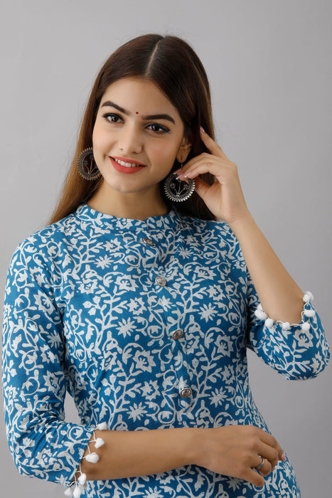 Women's Pure Cotton Printed Calf Length Straight Kurta KR049SKYBLUE