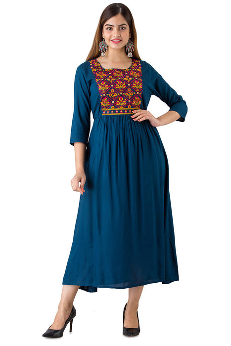 Women's Solid Dyed Rayon Designer Embroidered A-Line Kurta - KR085BLUE