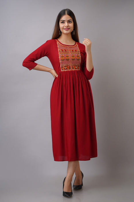 Women's Solid Dyed Rayon Designer Embroidered A-Line Kurta - KR035MAROON