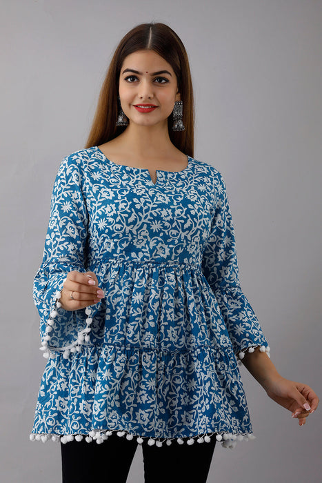 Women's Pure Cotton Printed Hip Length Formal Tops KRT011SKYBLUE