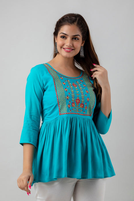 Women's Rayon embroidered Hip Length Formal Tops KRT036TURQUOISE