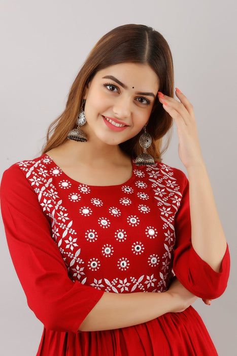 Women's Solid Dyed Rayon Designer Embroidered A-Line Kurta - KR015RED