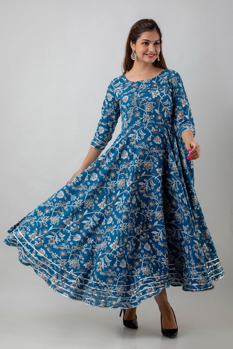 Women's Pure Cotton Printed Ankle Length Full Flared Traditional Kurta KR0130BLUE