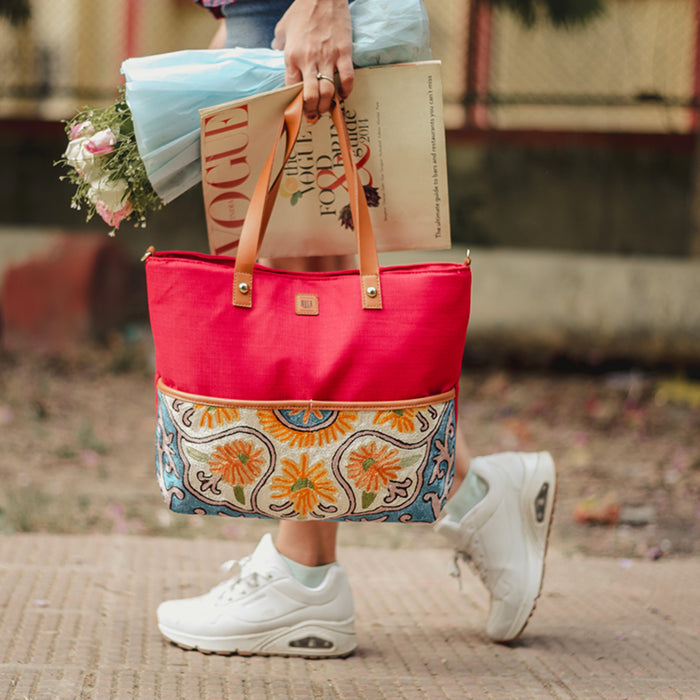 Lilly Pastel Red Chain Stitch Hand Embroidery Canvas Tote Bag