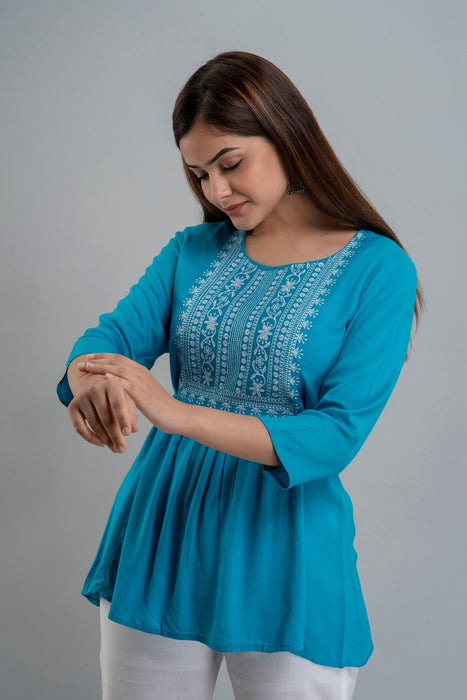 Women's Rayon embroidered Hip Length Formal Tops KRT035TURQUOISE