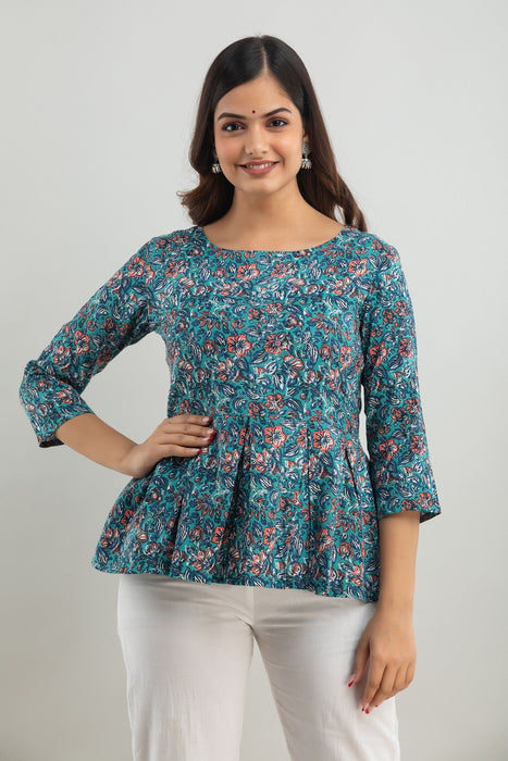 Women's Rayon Printed Hip Length Formal Tops KRT020BLUE