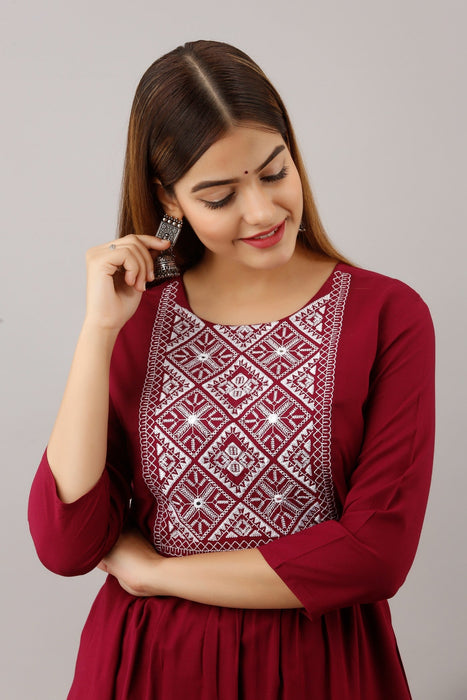 Women's Solid Dyed Rayon Designer Embroidered A-Line Kurta - KR047MAROON