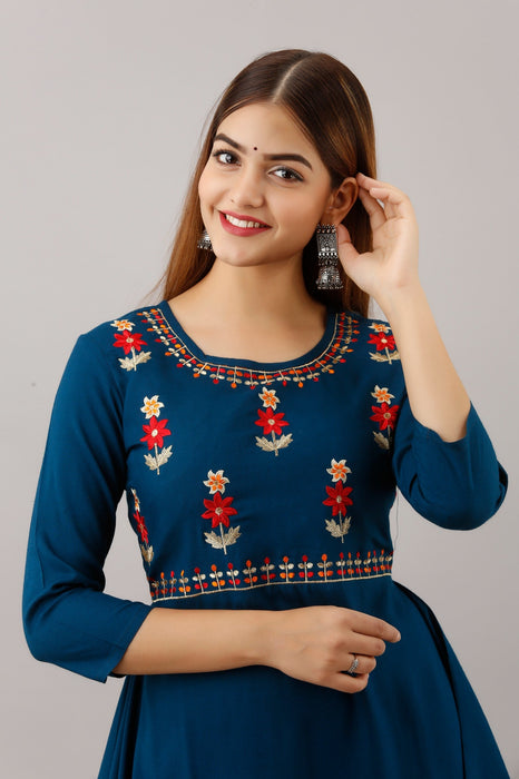 Women's Solid Dyed Rayon Designer Embroidered A-Line Kurta - KR052BLUE