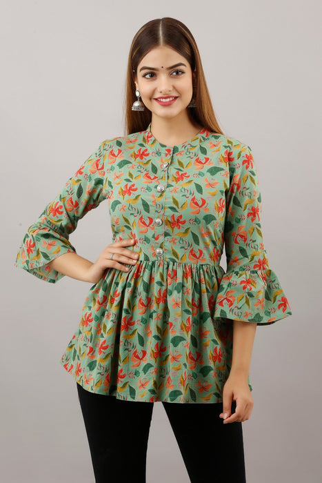 Women's Pure Cotton Printed Hip Length Formal Tops KRT002GREEN