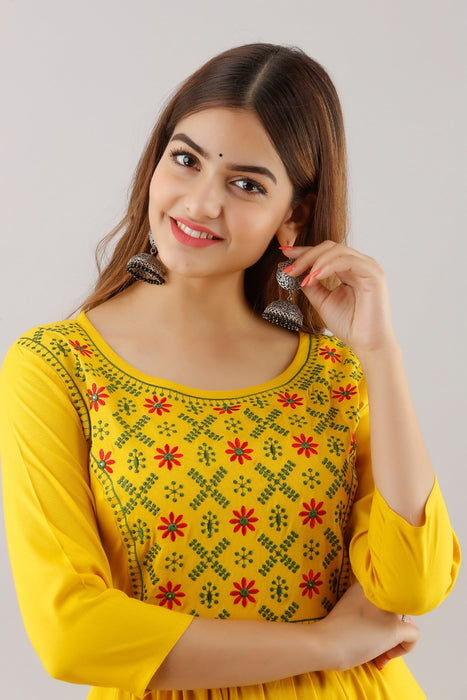 Women's Solid Dyed Rayon Designer Embroidered A-Line Kurta - KR016MUSTARD