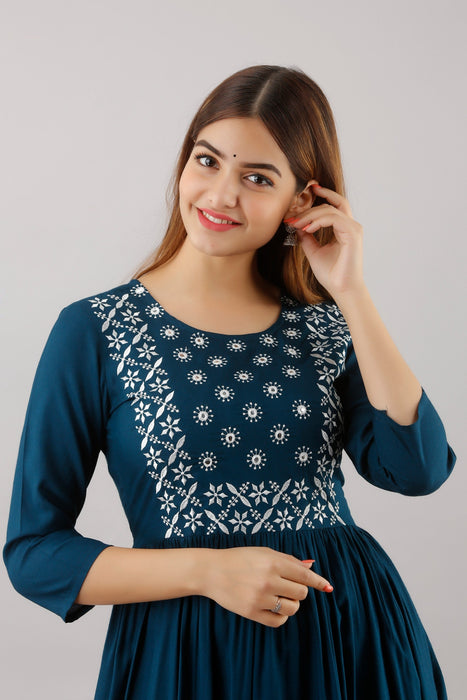 Women's Solid Dyed Rayon Designer Embroidered A-Line Kurta - KR015BLUE