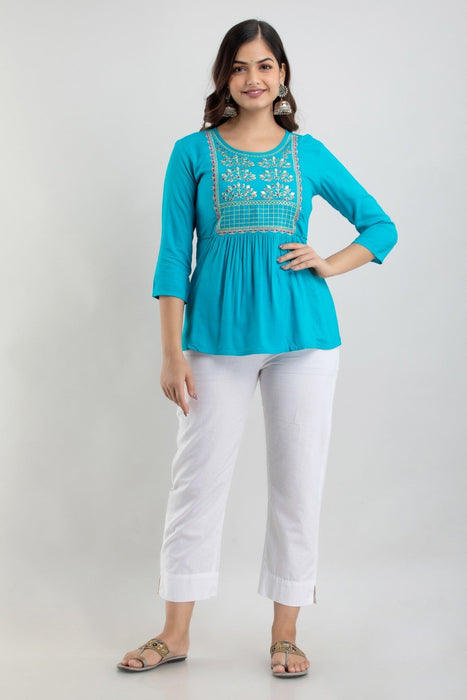 Women's Rayon embroidered Hip Length Formal Tops KRT021TURQUOISE