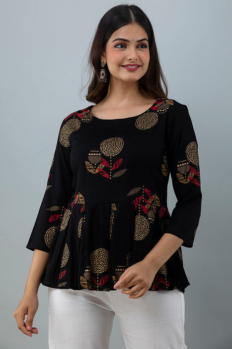 Women's Rayon Printed Hip Length Formal Tops KRT016BLACK