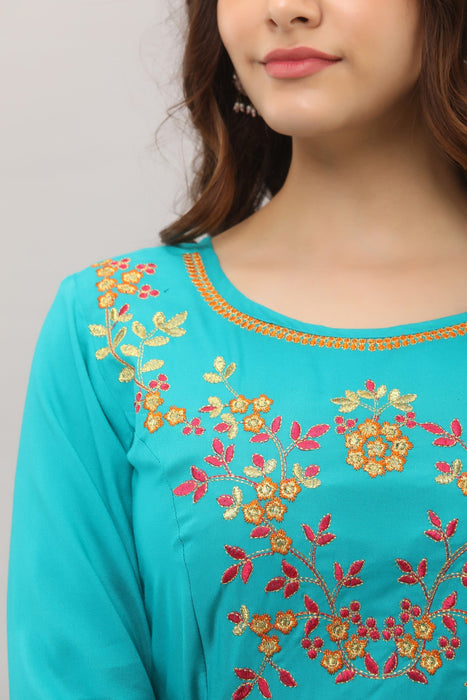 Women's Solid Dyed Rayon Designer Embroidered A-Line Kurta - KR3006TURQUOISE