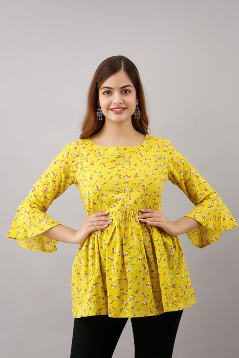 Women's Pure Cotton Printed Hip Length Formal Tops KRT003YELLOW