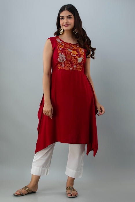 Women's Solid Dyed Rayon Designer Embroidered A-Line Kurta - KR0100MAROON