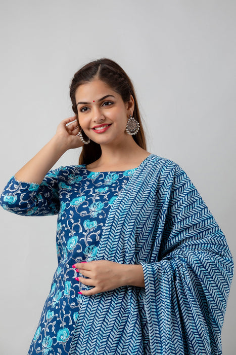 Traditional Zari Embroidery Work A-Line Kurta With Trouser & Dupatta - KR3003BLUE