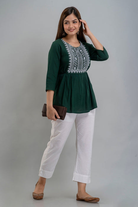 Women's Rayon embroidered Hip Length Formal Tops KRT035GREEN