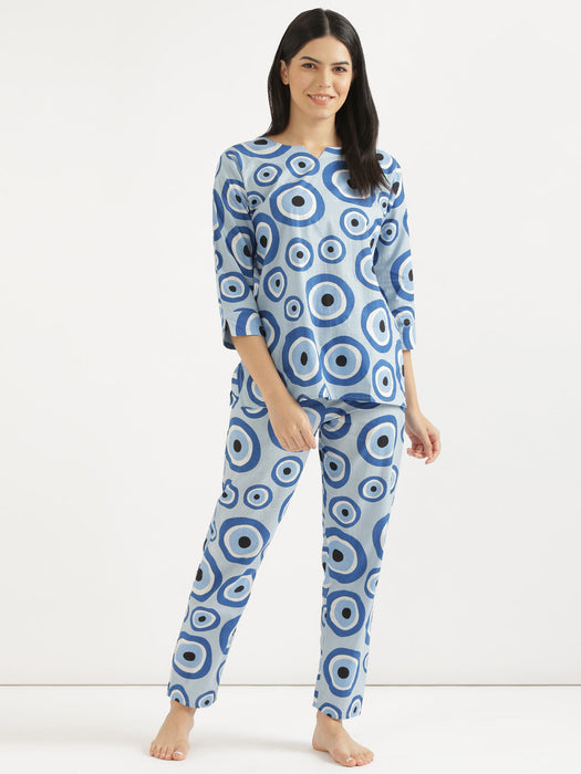 Notched Neck Blue Evil Eye Co-ord Set-CK-BLUEEVILEYENOTCHED