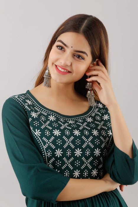 Women's Solid Dyed Rayon Designer Embroidered A-Line Kurta - KR016GREEN