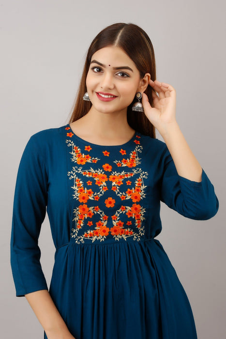 Women's Solid Dyed Rayon Designer Embroidered A-Line Kurta - KR055BLUE