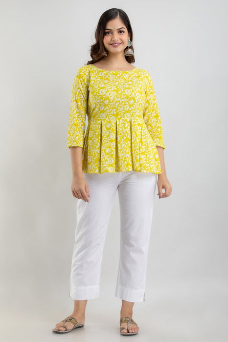 Women's Pure Cotton Printed Hip Length Formal Tops KRT028YELLOW