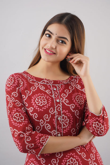 Women's 100% Pure Cotton Printed Calf Length Straight Kurta KR051RED