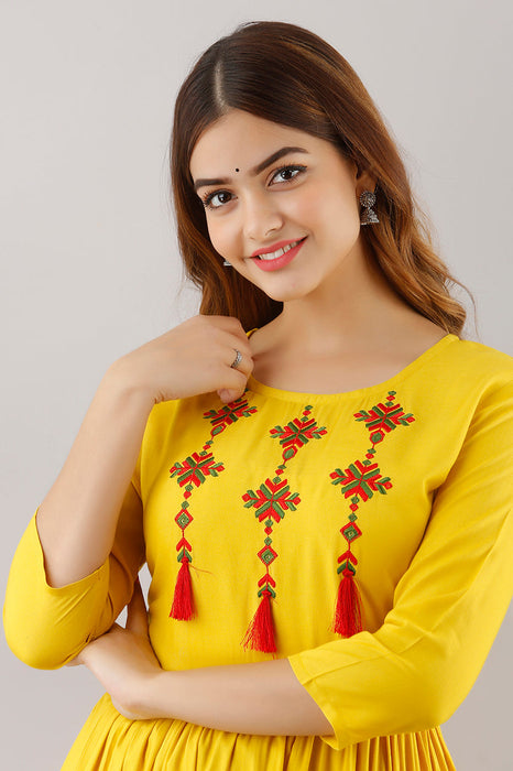 Women's Solid Dyed Rayon Designer Embroidered A-Line Kurta - KR033MUSTARD