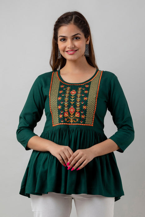 Women's Rayon embroidered Hip Length Formal Tops KRT036GREEN