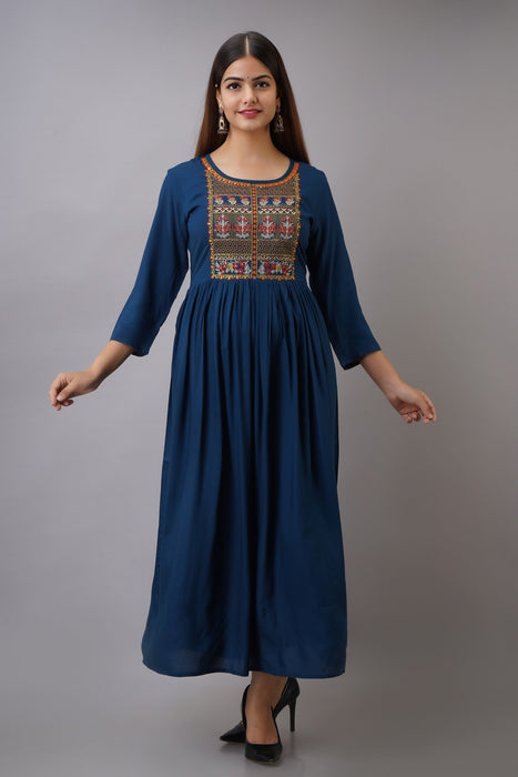 Women's Solid Dyed Rayon Designer Embroidered A-Line Kurta - KR035BLUE