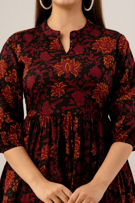 Women's Pure Cotton Designer Printed Dress-(Maroon)-DR4006MAROON