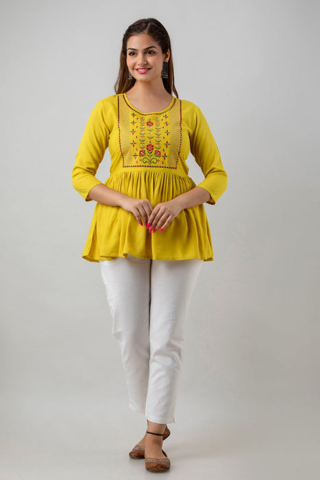 Women's Rayon embroidered Hip Length Formal Tops KRT036MUSTARD