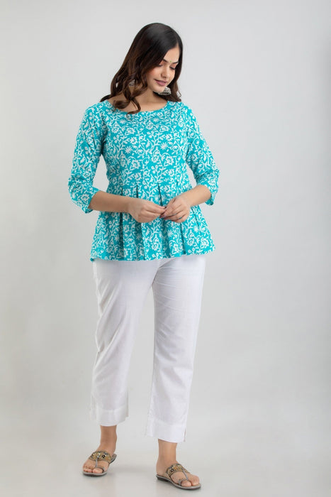 Women's Pure Cotton Printed Hip Length Formal Tops KRT028TURQUOISE