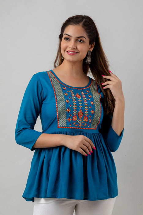 Women's Rayon embroidered Hip Length Formal Tops KRT036BLUE