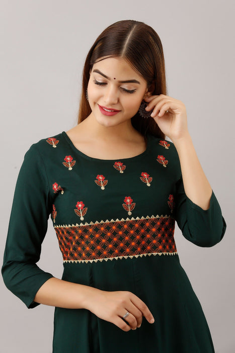 Women's Solid Dyed Rayon Designer Embroidered A-Line Kurta - KR053GREEN