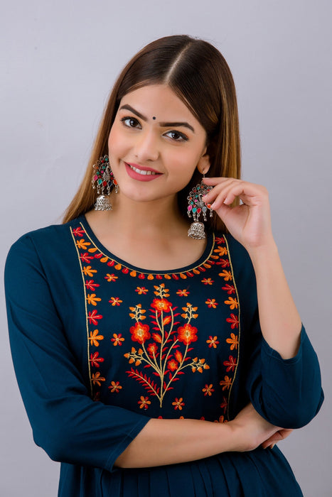 Women's Solid Dyed Rayon Designer Embroidered A-Line Kurta - KR078BLUE