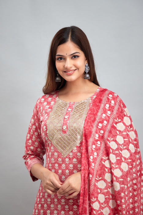 Traditional Zari Embroidery Work A-Line Kurta With Trouser & Dupatta - KR3011PINK